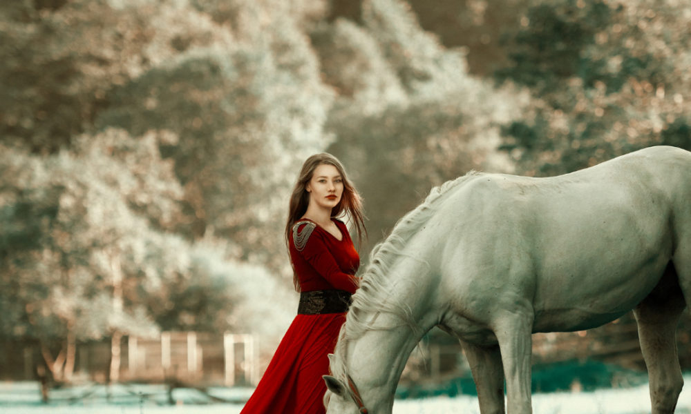Haute couture dress and horse