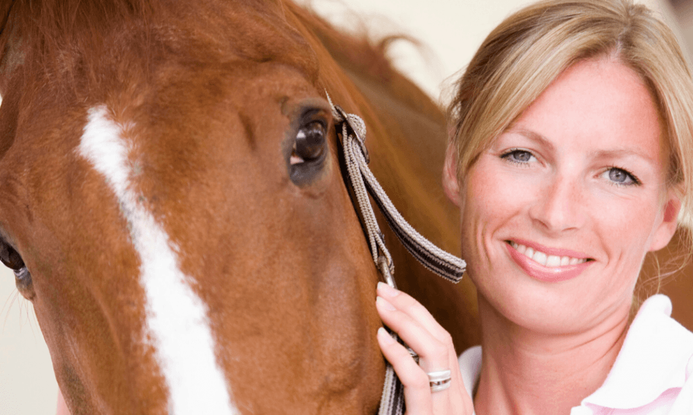 Woman with beautiful horse planning her competition prep at the yard