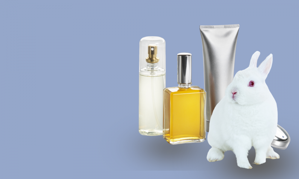 A white rabbit sitting alongside three beauty products